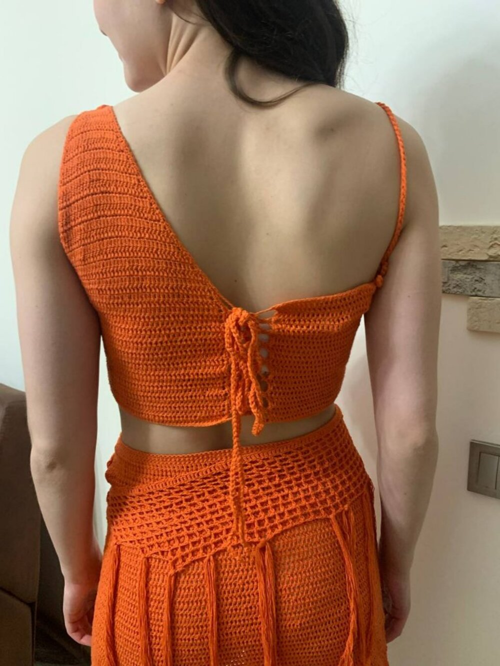 Handmade Crochet Two Piece Festival Set Orange Fringe Outfit - Picture 2 of 5
